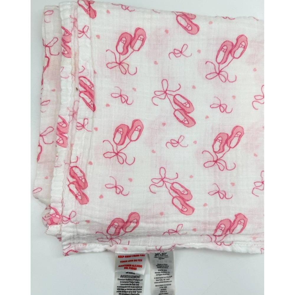 Little Me Muslin Cotton Swaddle Blanket Pink Ballet Slippers 36" x 40"